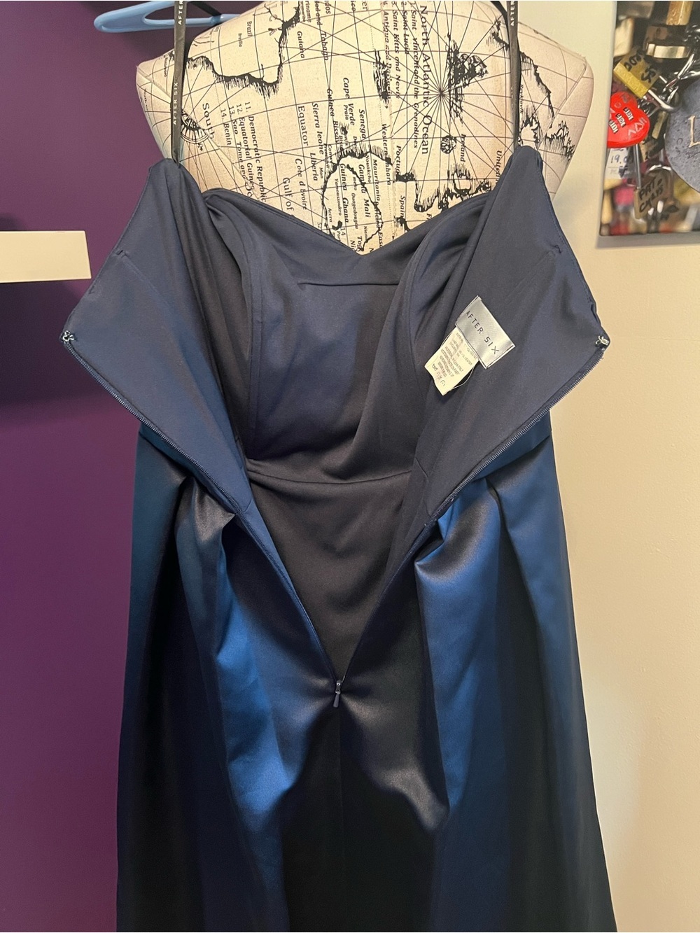 After Six Navy Satin Strapless Dress with Pleated Skirt - Picture 5 of 7